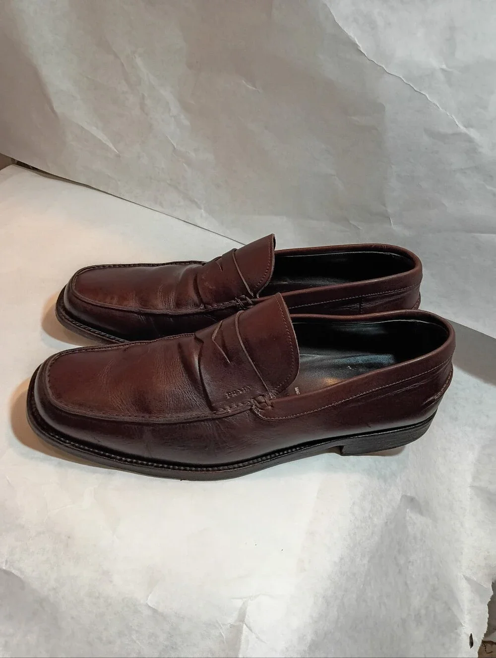 Prada Men's Brown Logo Leather Slip-On Loafers Italy Loafers Uk 8.5 Us 9.5
